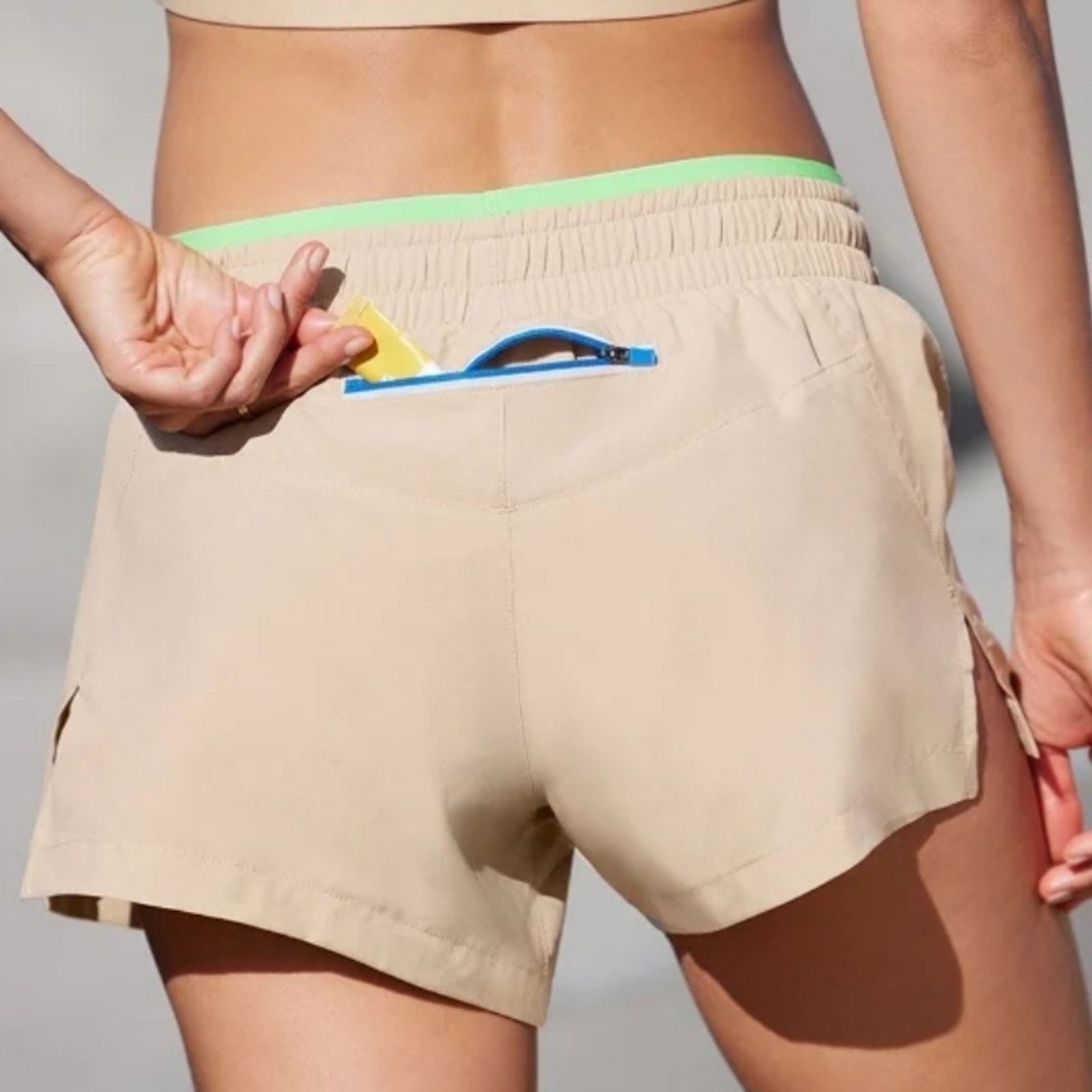 Nwt Fabletics Breathe Hali Run Shorts 3.5" Split Side Recycled Tan Xl — image 2 of 8